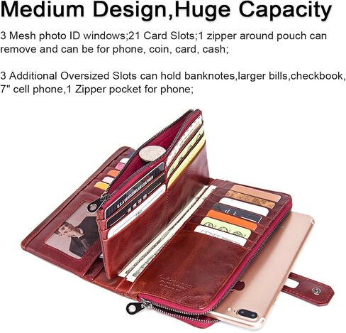 محفظة جلدية للنساء سكرتيرة دفتر شيكات حامل هاتف طويل بسحاب محفظة RFID ثلاثية الطي سعة كبيرة محفظة بمقبض هدية عيد الأم (أحمر) in Kuwait