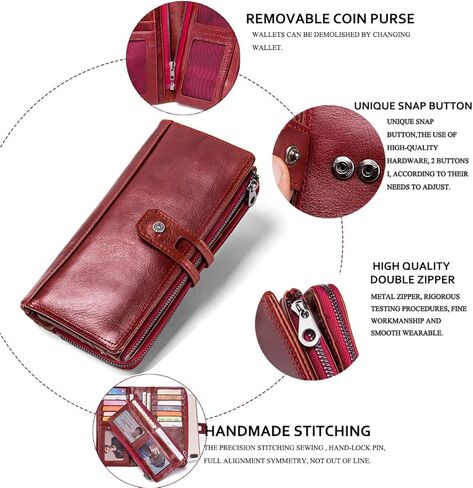 محفظة جلدية للنساء سكرتيرة دفتر شيكات حامل هاتف طويل بسحاب محفظة RFID ثلاثية الطي سعة كبيرة محفظة بمقبض هدية عيد الأم (أحمر) in Kuwait