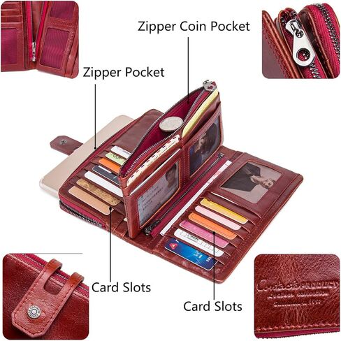 محفظة جلدية للنساء سكرتيرة دفتر شيكات حامل هاتف طويل بسحاب محفظة RFID ثلاثية الطي سعة كبيرة محفظة بمقبض هدية عيد الأم (أحمر) in Kuwait