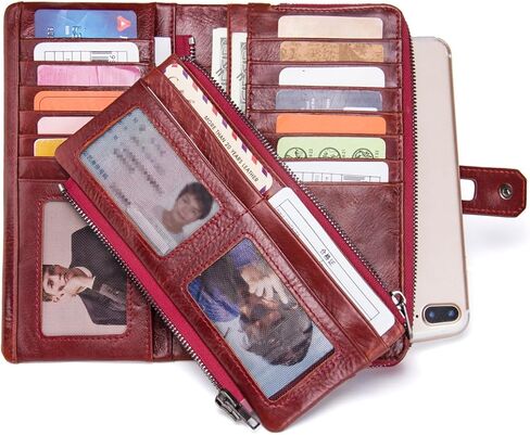 محفظة جلدية للنساء سكرتيرة دفتر شيكات حامل هاتف طويل بسحاب محفظة RFID ثلاثية الطي سعة كبيرة محفظة بمقبض هدية عيد الأم (أحمر) in Kuwait