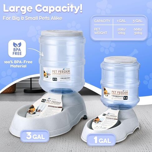 Flexzion Automatic Pet Feeder & Waterer Set of 2 Pack, Self Feeding Replenish Dog Cat Bowls, Gravity Food & Water Storage Container Fountain Jug Pet Supplies Plastic Skid Proof Rubber Feet (1 Gallon) in Kuwait