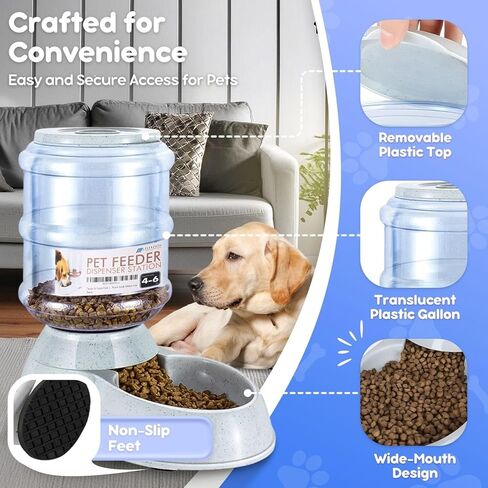Flexzion Automatic Pet Feeder & Waterer Set of 2 Pack, Self Feeding Replenish Dog Cat Bowls, Gravity Food & Water Storage Container Fountain Jug Pet Supplies Plastic Skid Proof Rubber Feet (1 Gallon) in Kuwait