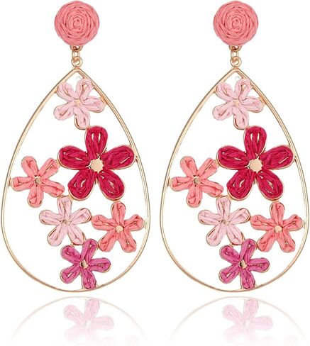 Hollow Raffia Flower Earrings, Handmade Large Teardrop Statement Drop and Dangle Earrings Summer Tropical Beach Jewelry in Kuwait