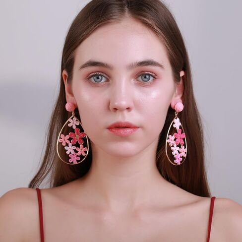 Hollow Raffia Flower Earrings, Handmade Large Teardrop Statement Drop and Dangle Earrings Summer Tropical Beach Jewelry in Kuwait