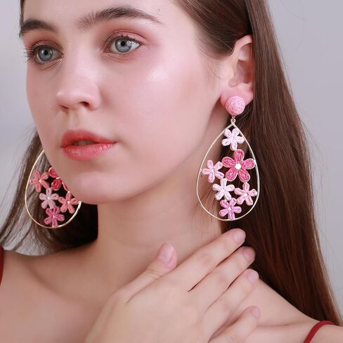 Hollow Raffia Flower Earrings, Handmade Large Teardrop Statement Drop and Dangle Earrings Summer Tropical Beach Jewelry in Kuwait