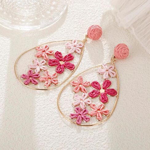 Hollow Raffia Flower Earrings, Handmade Large Teardrop Statement Drop and Dangle Earrings Summer Tropical Beach Jewelry in Kuwait