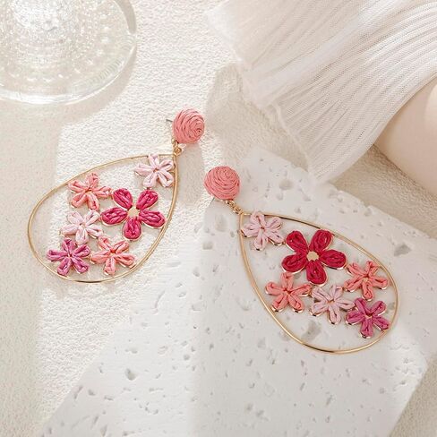 Hollow Raffia Flower Earrings, Handmade Large Teardrop Statement Drop and Dangle Earrings Summer Tropical Beach Jewelry in Kuwait