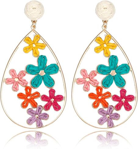 Hollow Raffia Flower Earrings, Handmade Large Teardrop Statement Drop and Dangle Earrings Summer Tropical Beach Jewelry in Kuwait