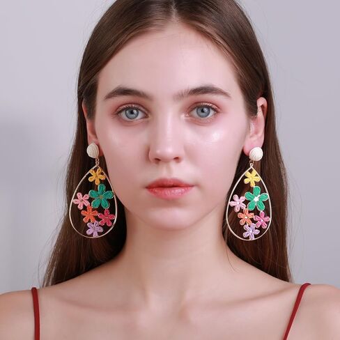 Hollow Raffia Flower Earrings, Handmade Large Teardrop Statement Drop and Dangle Earrings Summer Tropical Beach Jewelry in Kuwait