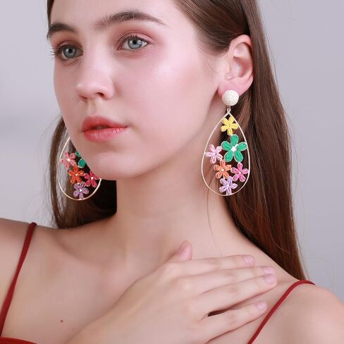 Hollow Raffia Flower Earrings, Handmade Large Teardrop Statement Drop and Dangle Earrings Summer Tropical Beach Jewelry in Kuwait