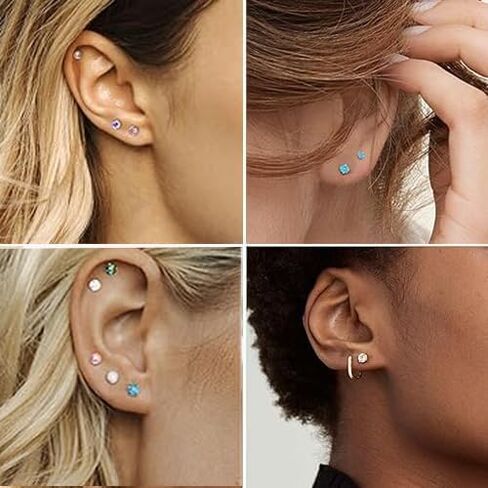 Tiny 3mm CZ Stud Flat Back Stud Earrings for Women, Screw Back Stud Earrings, Cartilage Earring Helix Tragus Conch Piercing Stud Earrings (Silver, Blue Aquamarine) in Saudi Arabia