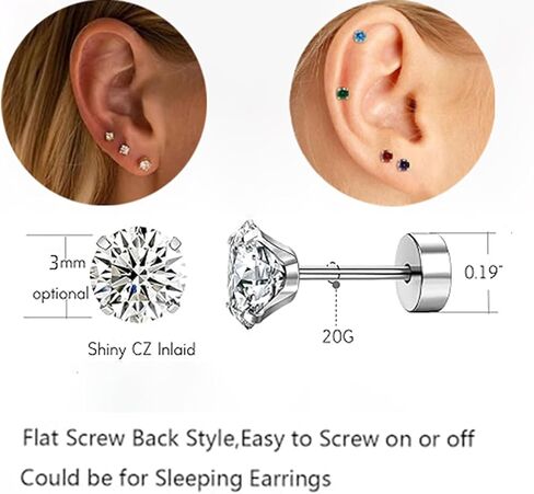 Tiny 3mm CZ Stud Flat Back Stud Earrings for Women, Screw Back Stud Earrings, Cartilage Earring Helix Tragus Conch Piercing Stud Earrings (Silver, Blue Aquamarine) in Saudi Arabia