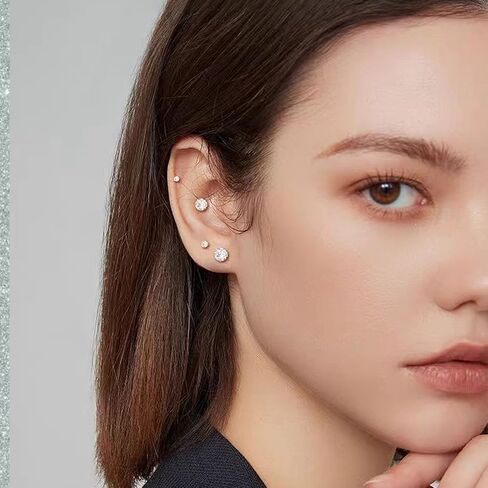 Tiny 3mm CZ Stud Flat Back Stud Earrings for Women, Screw Back Stud Earrings, Cartilage Earring Helix Tragus Conch Piercing Stud Earrings (Silver, Blue Aquamarine) in Saudi Arabia