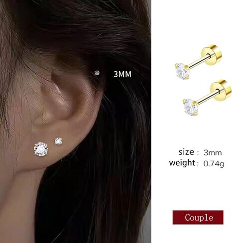 Tiny 3mm CZ Stud Flat Back Stud Earrings for Women, Screw Back Stud Earrings, Cartilage Earring Helix Tragus Conch Piercing Stud Earrings (Silver, Blue Aquamarine) in Saudi Arabia