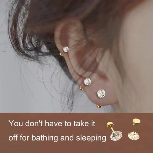Tiny 3mm CZ Stud Flat Back Stud Earrings for Women, Screw Back Stud Earrings, Cartilage Earring Helix Tragus Conch Piercing Stud Earrings (Silver, Blue Aquamarine) in Saudi Arabia