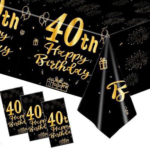 3 Pcs 40th Birthday Tablecloths, Black and Gold Happy Birthday Table Cover, 54"x108" Plastic Disposable Rectangular Table Cloths for Parties Decorations in Saudi Arabia