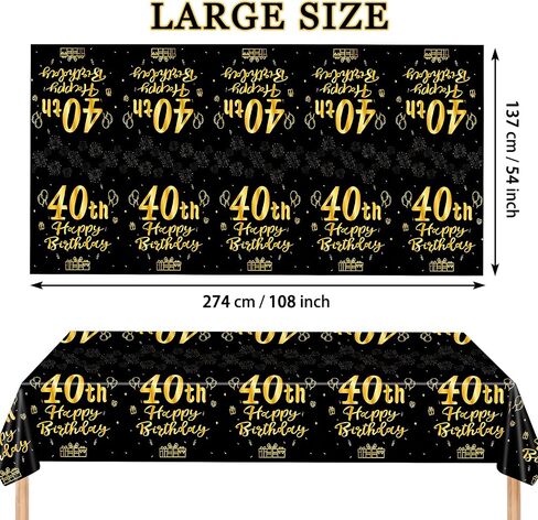 3 Pcs 40th Birthday Tablecloths, Black and Gold Happy Birthday Table Cover, 54"x108" Plastic Disposable Rectangular Table Cloths for Parties Decorations in Saudi Arabia