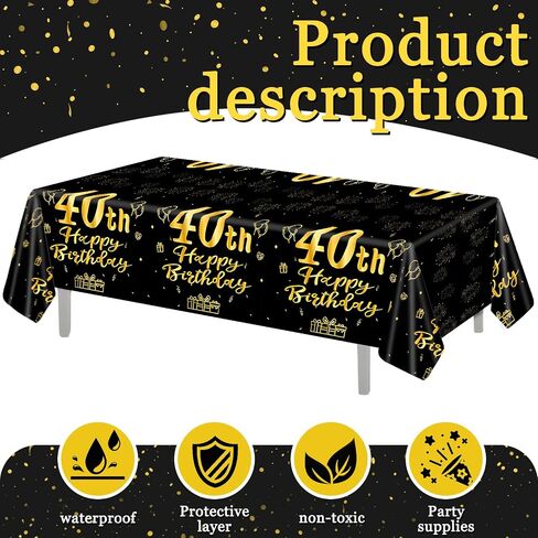 3 Pcs 40th Birthday Tablecloths, Black and Gold Happy Birthday Table Cover, 54"x108" Plastic Disposable Rectangular Table Cloths for Parties Decorations in Saudi Arabia