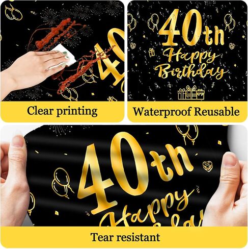 3 Pcs 40th Birthday Tablecloths, Black and Gold Happy Birthday Table Cover, 54"x108" Plastic Disposable Rectangular Table Cloths for Parties Decorations in Saudi Arabia