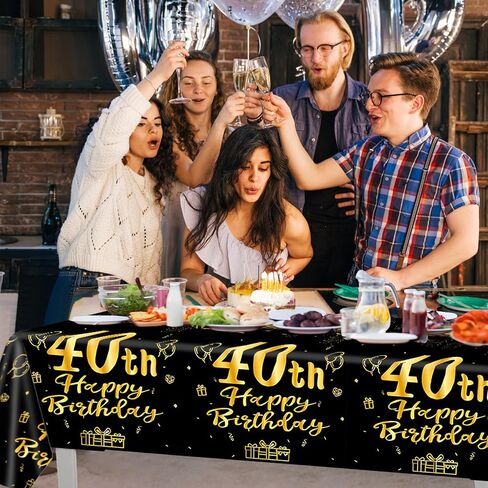 3 Pcs 40th Birthday Tablecloths, Black and Gold Happy Birthday Table Cover, 54"x108" Plastic Disposable Rectangular Table Cloths for Parties Decorations in Saudi Arabia