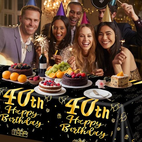 3 Pcs 40th Birthday Tablecloths, Black and Gold Happy Birthday Table Cover, 54"x108" Plastic Disposable Rectangular Table Cloths for Parties Decorations in Saudi Arabia