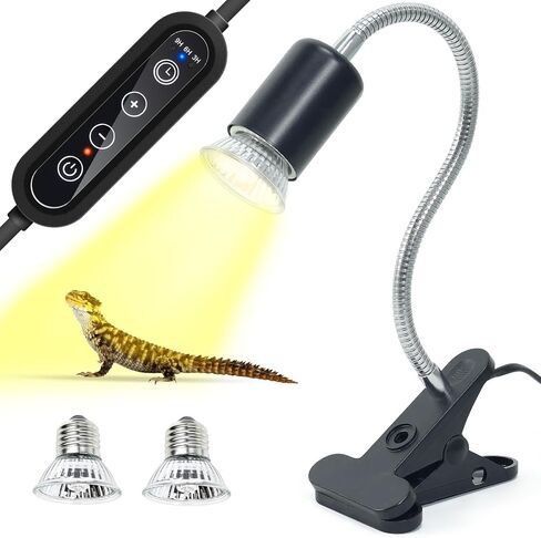 Timed Heat Lamp with Dual 50W UVB UVA Bulbs for Reptiles, Turtles, Tortoises, and Puppies: Adjustable Heat Switch, 360° Adjustable Angle, Strong Clips, Ideal for Aquarium Tanks and Basking in Kuwait