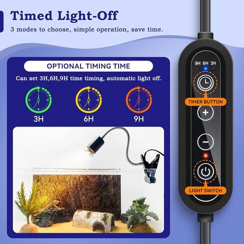 Timed Heat Lamp with Dual 50W UVB UVA Bulbs for Reptiles, Turtles, Tortoises, and Puppies: Adjustable Heat Switch, 360° Adjustable Angle, Strong Clips, Ideal for Aquarium Tanks and Basking in Kuwait