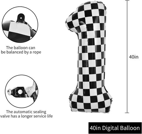 TONIFUL 40 Inch Checkered Number 3 Balloon 3rd Race Car Birthday Party Supplies Black and White Large Number Balloon for Girls Boys 3rd Birthday Fast Race Car Flag Party Decorations in Kuwait