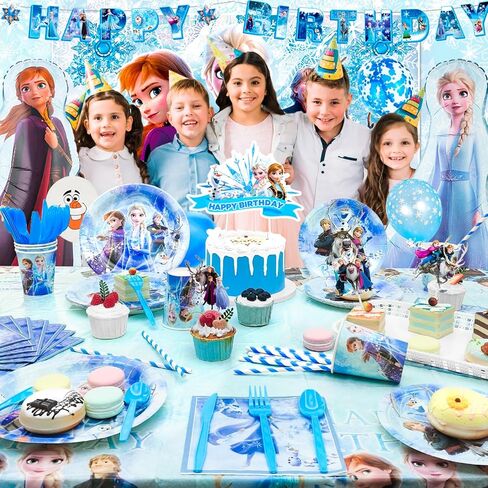 لوازم حفلات أعياد الميلاد فروزن، 124 قطعة من ديكورات الحفلات فروزن ومجموعة أدوات المائدة - أطباق فروزن ومناديل وأكواب مفرش طاولة وخلفية لافتة، وبالونات فروزن وما إلى ذلك لوازم حفلات أعياد الميلاد ذات طابع فروزن in Kuwait