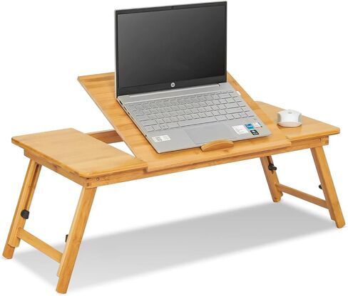 MoNiBloom Laptop Desk for Bed with Adjustable Tilting Top, Bamboo Bed Sofa Couch Table Breakfast Tray with Folding Legs for Computer iPad Writing Reading Studying, Natural in Saudi Arabia