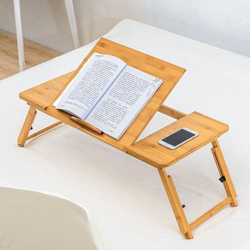 MoNiBloom Laptop Desk for Bed with Adjustable Tilting Top, Bamboo Bed Sofa Couch Table Breakfast Tray with Folding Legs for Computer iPad Writing Reading Studying, Natural in Saudi Arabia
