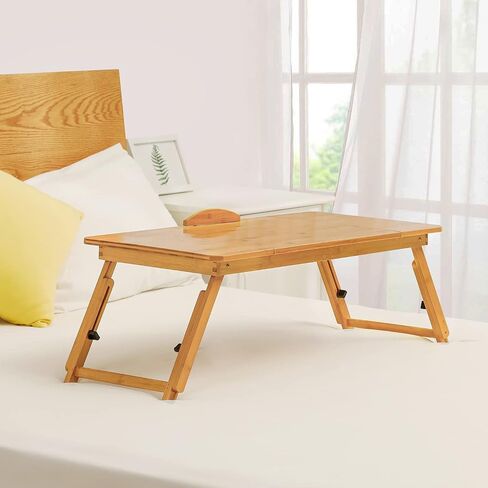 MoNiBloom Laptop Desk for Bed with Adjustable Tilting Top, Bamboo Bed Sofa Couch Table Breakfast Tray with Folding Legs for Computer iPad Writing Reading Studying, Natural in Saudi Arabia