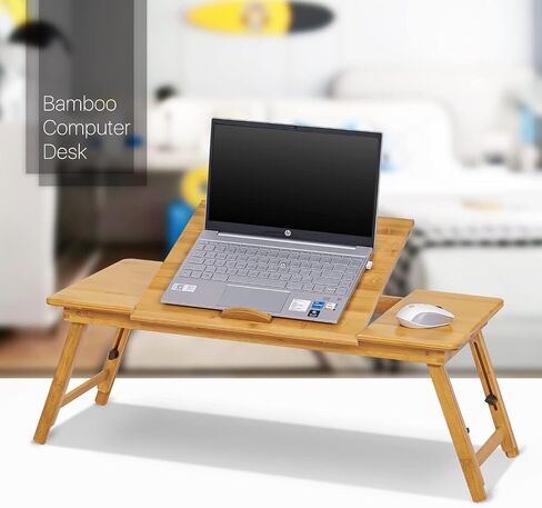 MoNiBloom Laptop Desk for Bed with Adjustable Tilting Top, Bamboo Bed Sofa Couch Table Breakfast Tray with Folding Legs for Computer iPad Writing Reading Studying, Natural in Saudi Arabia