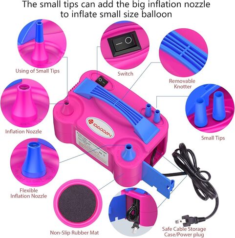 IDAODAN Electric Balloon Pump, Portable Electric Balloon Blower Machine Balloon Air Pump Dual Nozzle Rose Red 110V 600W Balloon Inflator for Party Decorations in Saudi Arabia