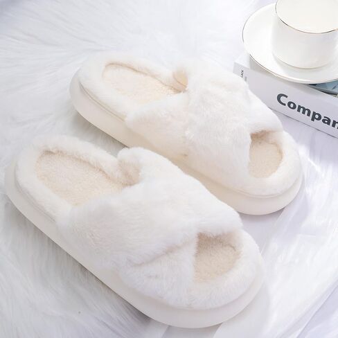 Womens House Slippers Cross Band Open Toe, Soft Thick Sole Bedroom Slippers Women Memory Foam, Comfy Fuzzy Slip On Non-Slip Womens Slippers Indoor in Saudi Arabia