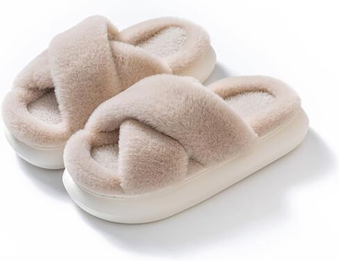 Womens House Slippers Cross Band Open Toe, Soft Thick Sole Bedroom Slippers Women Memory Foam, Comfy Fuzzy Slip On Non-Slip Womens Slippers Indoor in Saudi Arabia