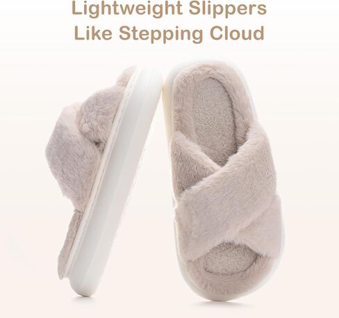 Womens House Slippers Cross Band Open Toe, Soft Thick Sole Bedroom Slippers Women Memory Foam, Comfy Fuzzy Slip On Non-Slip Womens Slippers Indoor in Saudi Arabia