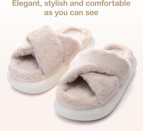 Womens House Slippers Cross Band Open Toe, Soft Thick Sole Bedroom Slippers Women Memory Foam, Comfy Fuzzy Slip On Non-Slip Womens Slippers Indoor in Saudi Arabia