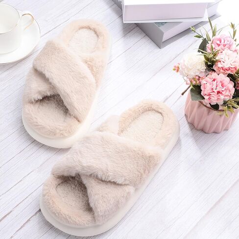 Womens House Slippers Cross Band Open Toe, Soft Thick Sole Bedroom Slippers Women Memory Foam, Comfy Fuzzy Slip On Non-Slip Womens Slippers Indoor in Saudi Arabia