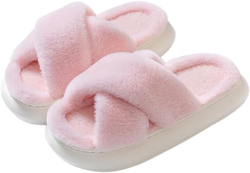 Womens House Slippers Cross Band Open Toe, Soft Thick Sole Bedroom Slippers Women Memory Foam, Comfy Fuzzy Slip On Non-Slip Womens Slippers Indoor in Saudi Arabia