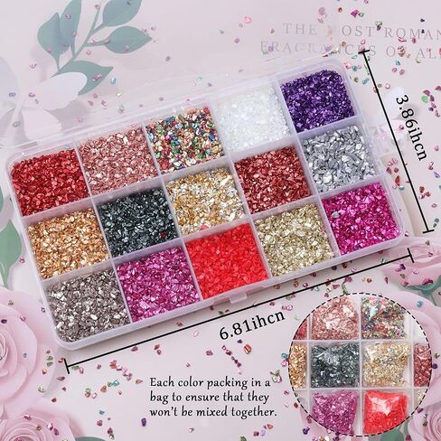 Crushed Glass Chips Kit, 15 Colors Irregular Metallic Chip Broken Glass Sprinkles Chunky Glitter for Nail Art,Painting,DIY Resin Mold,Phone Case Making,Jewelry Making and Decoration in Saudi Arabia