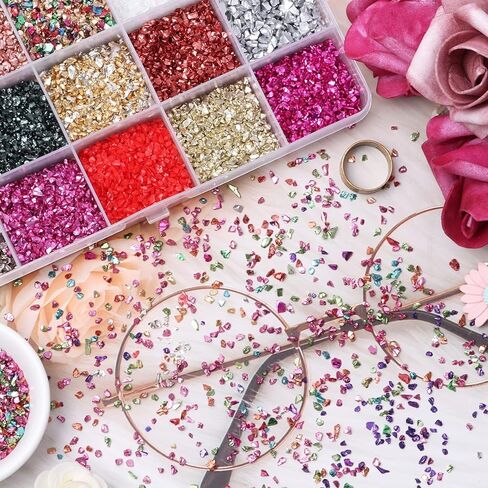 Crushed Glass Chips Kit, 15 Colors Irregular Metallic Chip Broken Glass Sprinkles Chunky Glitter for Nail Art,Painting,DIY Resin Mold,Phone Case Making,Jewelry Making and Decoration in Saudi Arabia