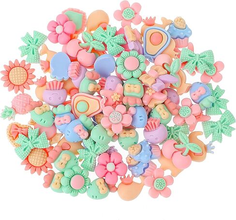 100 Pcs Candy Color Flatback Resin Flower Bow Charm Mixed Colors Cabochons Flower Flatback Fruit Animal Charms Flatback Button for DIY Craft Scrapbooking Embellishments Hair Accessories in Saudi Arabia