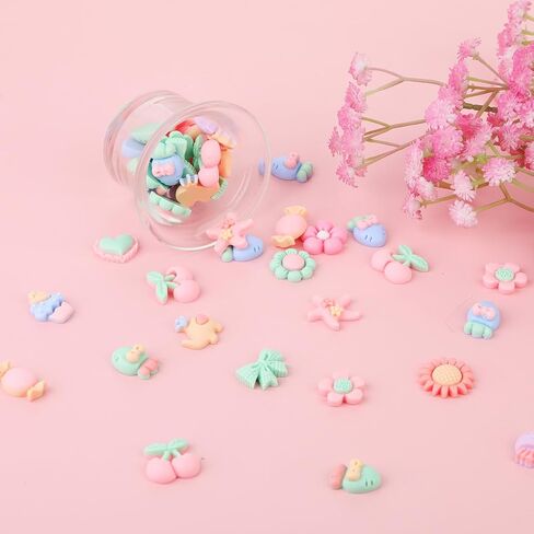 100 Pcs Candy Color Flatback Resin Flower Bow Charm Mixed Colors Cabochons Flower Flatback Fruit Animal Charms Flatback Button for DIY Craft Scrapbooking Embellishments Hair Accessories in Saudi Arabia