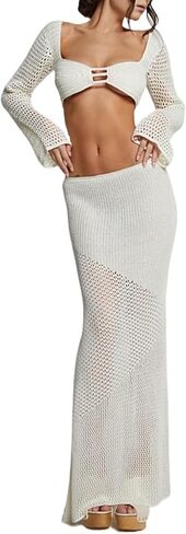 Amiblvowa Crochet Knit 2 Piece Skirt Sets for Women Summer Hollow Out Crop Top Bodycon High Waist Maxi Skirt Sets Beach Dress in Kuwait