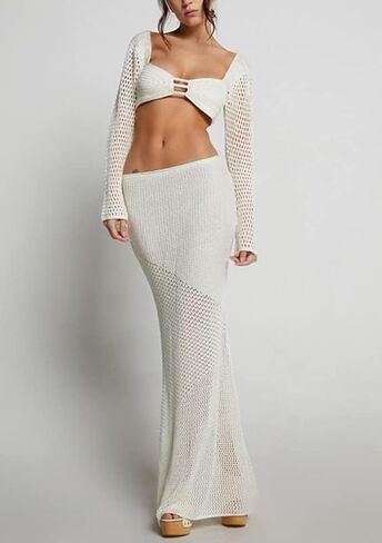 Amiblvowa Crochet Knit 2 Piece Skirt Sets for Women Summer Hollow Out Crop Top Bodycon High Waist Maxi Skirt Sets Beach Dress in Kuwait