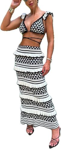 Amiblvowa Crochet Knit 2 Piece Skirt Sets for Women Summer Hollow Out Crop Top Bodycon High Waist Maxi Skirt Sets Beach Dress in Saudi Arabia