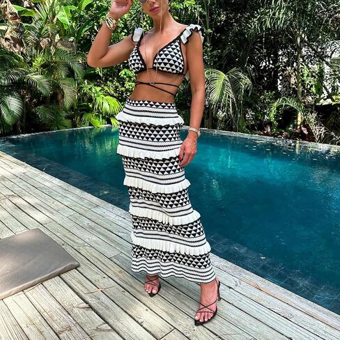 Amiblvowa Crochet Knit 2 Piece Skirt Sets for Women Summer Hollow Out Crop Top Bodycon High Waist Maxi Skirt Sets Beach Dress in Saudi Arabia