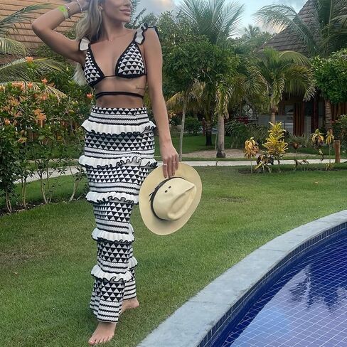 Amiblvowa Crochet Knit 2 Piece Skirt Sets for Women Summer Hollow Out Crop Top Bodycon High Waist Maxi Skirt Sets Beach Dress in Saudi Arabia