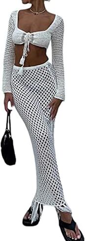 Amiblvowa Crochet Knit 2 Piece Skirt Sets for Women Summer Hollow Out Crop Top Bodycon High Waist Maxi Skirt Sets Beach Dress in Saudi Arabia